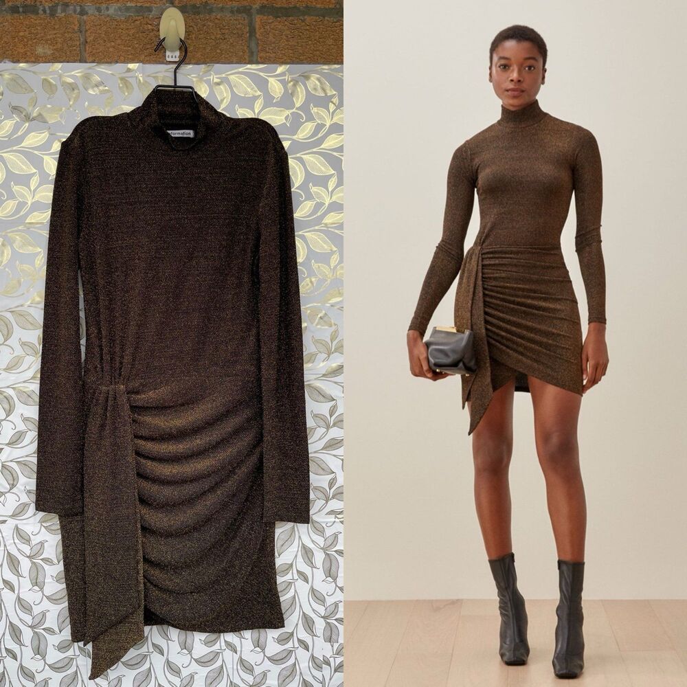Reformation Metallic Bronze Ruched Mini Dress M Shimmer Mock Neck Night Luxe